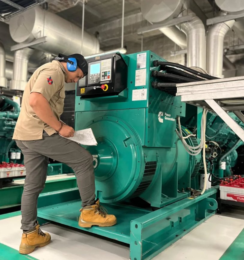 Teknisi Indo Buana Teknik memeriksa mesin genset gedung